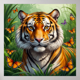 Serious Tiger with Butterflies in Jungle Poster