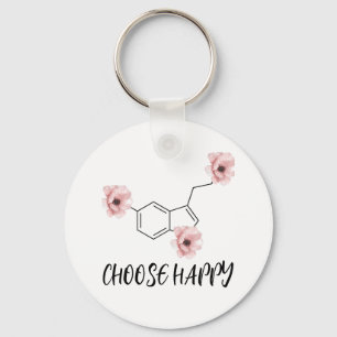 Serotonin Molecule Pink Flowers Choose Happy Key Ring