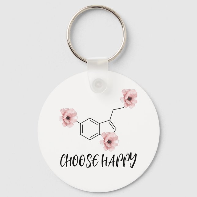 Serotonin Molecule Pink Flowers Choose Happy Key Ring (Front)