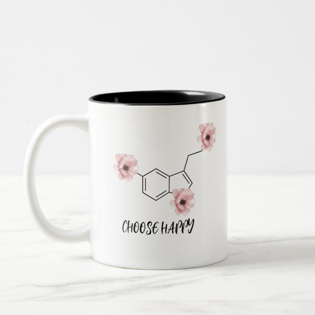 Serotonin Molecule Pink Flowers Choose Happy Two-Tone Coffee Mug (Left)