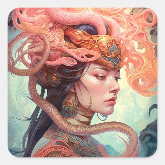 Serpent Hair Lady Fantasy Art Square Sticker (Front)