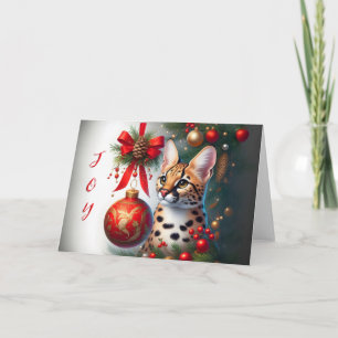 Serval Cat Beside Red Ornament Christmas Card