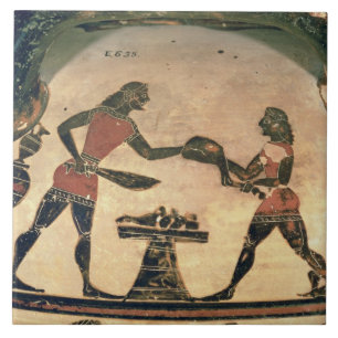 Servants Preparing Food for a Symposium, detail fr Tile