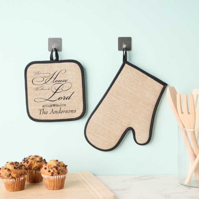 Serve the Lord personalised linen look Oven Mitt & Pot Holder Set (Insitu(Hanging))