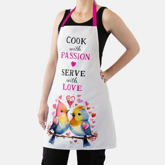 Serve with love birds white pink apron (Insitu)