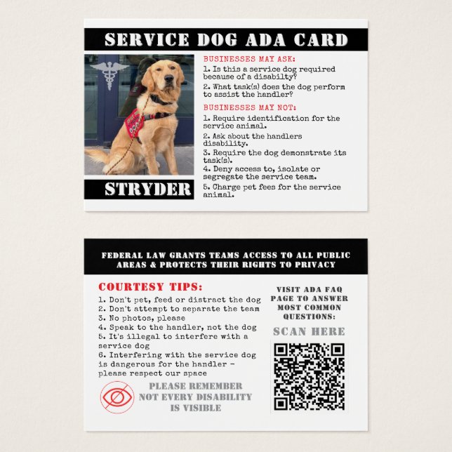 Service Dog ADA Cards Photo ID Badge Professional (Front & Back)