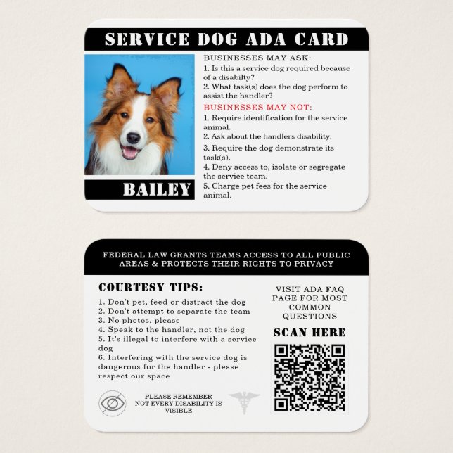 Service Dog Card Photo ID Badge Etiquette ADA (Front & Back)