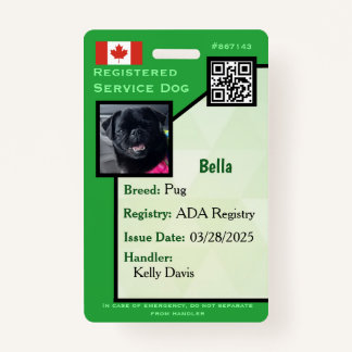 Service Dog ID Card green vertical  Badge ID Badge