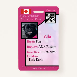 Service Dog ID Card pink vertical  Badge ID Badge