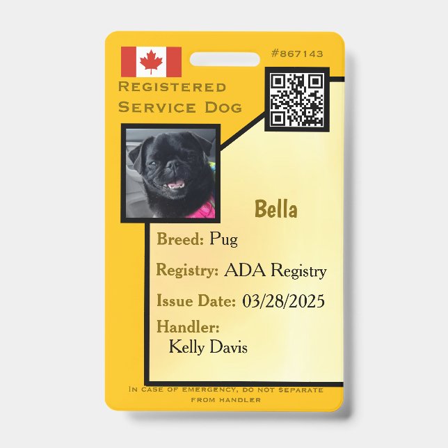 Service Dog ID Card yellow vertical  Badge (Front)