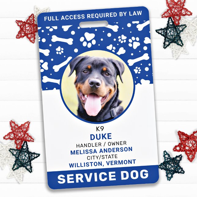 Service Dog Personalised Blue Paw Prints Photo ID ID Badge (Creator Uploaded)