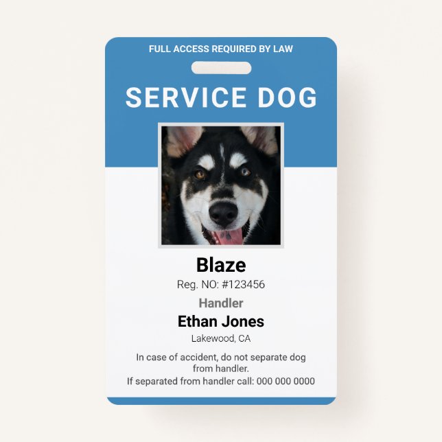 Service Dog Photo Blue Badge ID Badge (Front)