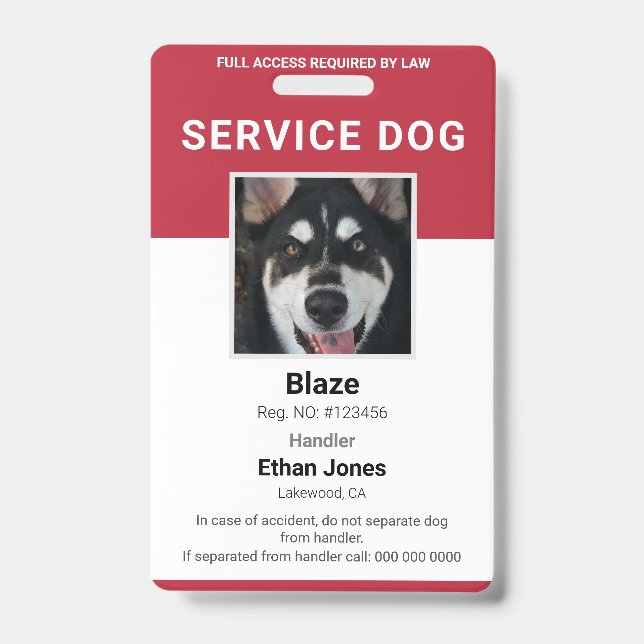 Service Dog Photo Red ID Badge (Front)