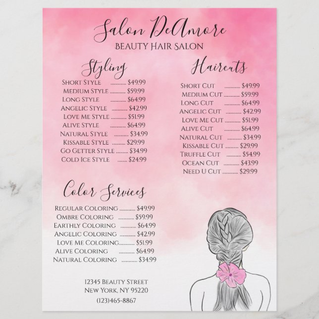 Service Menu Girl w/ Braid Pink Watercolor  Custom Letterhead (Front)