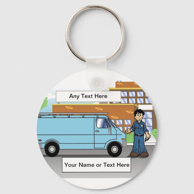 Service Van Blue, Contractor - Male Cartoon Key Ring (Front)