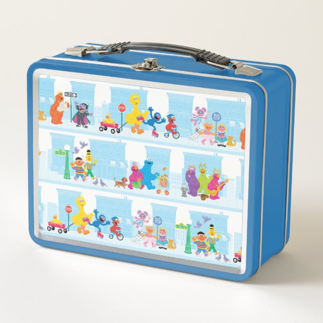 Sesame Pals Walking Along Sesame Street Pattern Metal Lunch Box (Front)