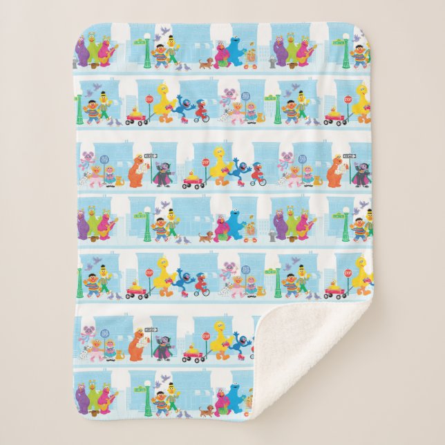 Sesame Pals Walking Along Sesame Street Pattern Sherpa Blanket (Front)