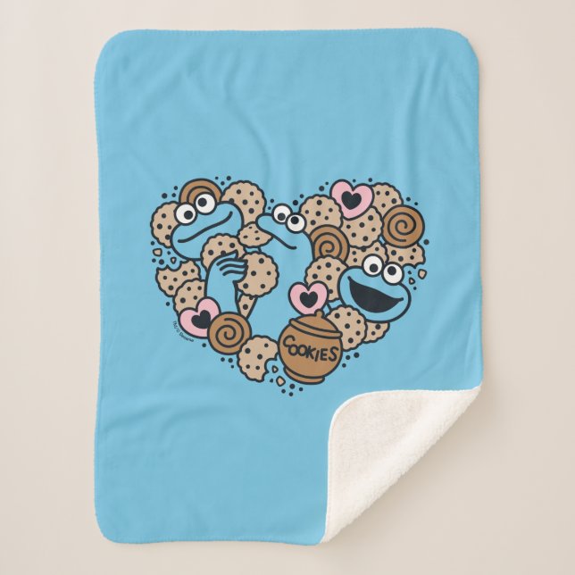 Sesame Sesame | Cookie Monster Doodle Heart Sherpa Blanket (Front)