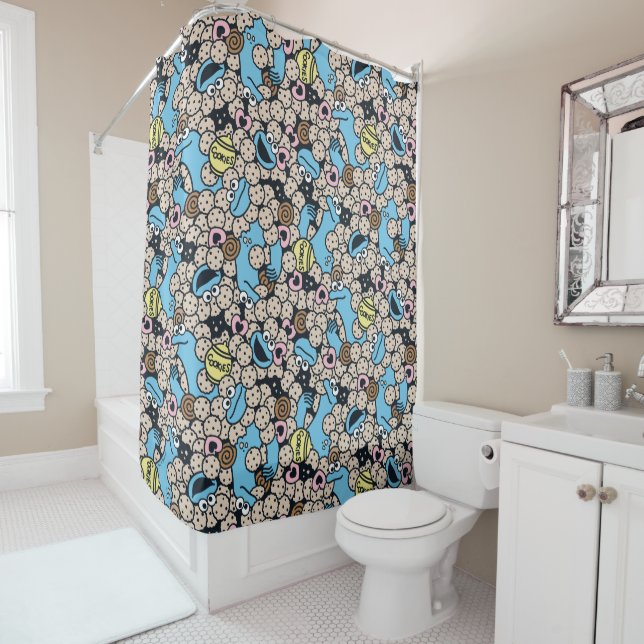 Sesame Sesame | Cookie Monster Doodle Pattern Shower Curtain (In Situ)