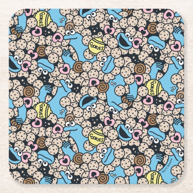 Sesame Sesame | Cookie Monster Doodle Pattern Square Paper Coaster (Front)