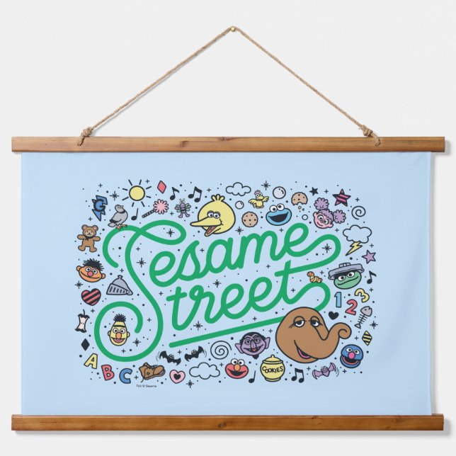 Sesame Sesame | Sesame Street Green Doodle Script Hanging Tapestry (Front)