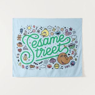 Sesame Sesame   Sesame Street Green Doodle Script Tapestry