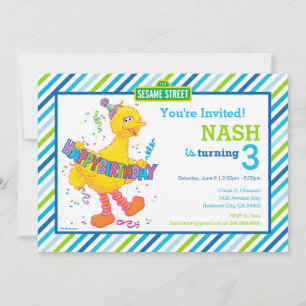 Sesame Street Big Bird Blue Striped Birthday Invitation