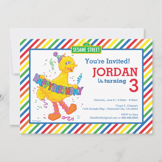Sesame Street Big Bird Striped Birthday Invitation (Front)