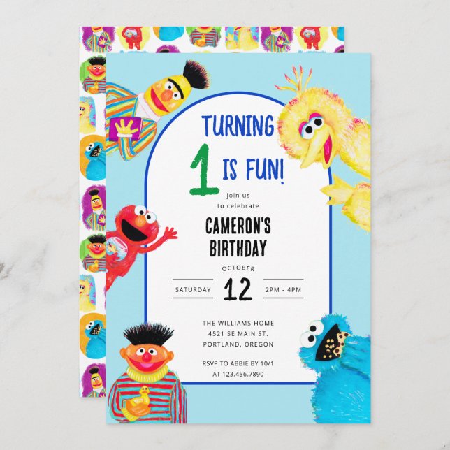 Sesame Street Characters First Birthday Party Invitation (Front/Back)