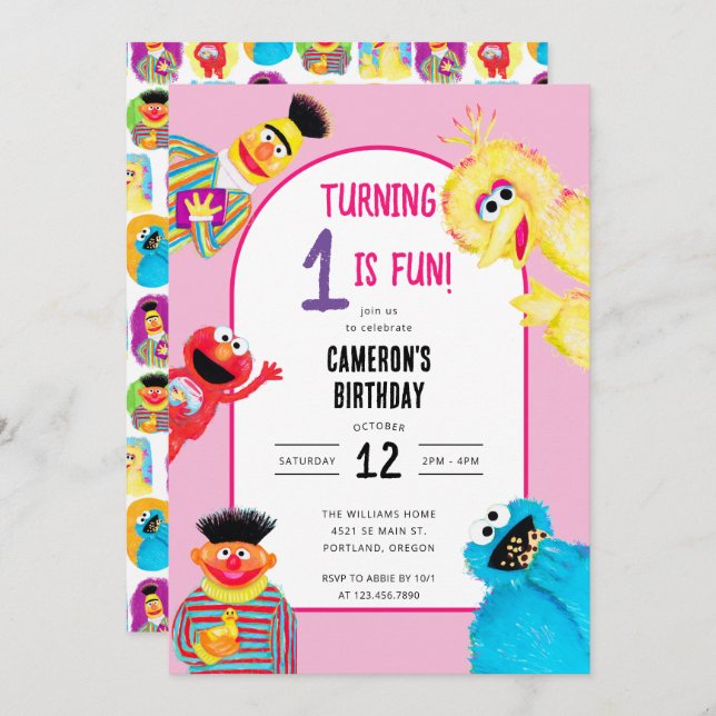 Sesame Street Characters First Birthday Party Invitation (Front/Back)