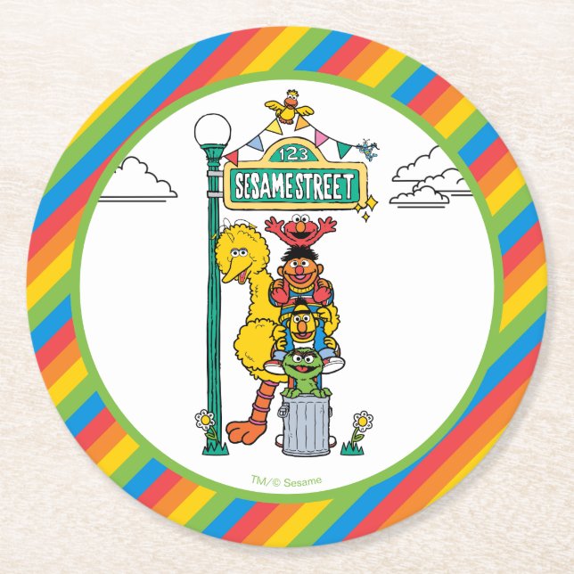 Sesame Street Characters & Street Sign Round Paper Round Paper Coaster (Front)