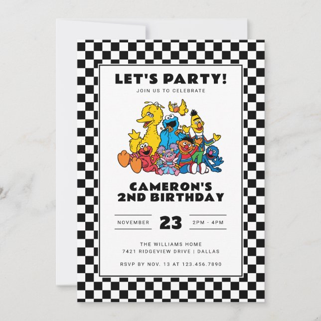Sesame Street Chequerboard Birthday Invitation (Front)