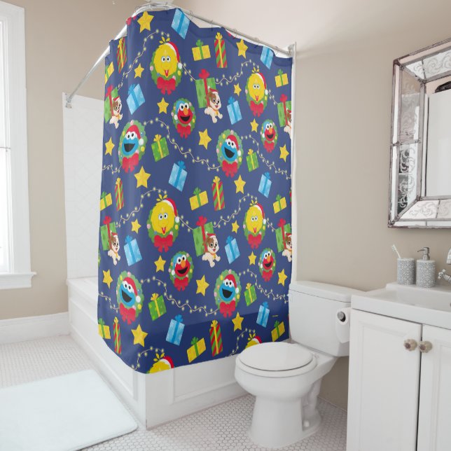 Sesame Street Christmas Lights Pattern Shower Curtain (In Situ)