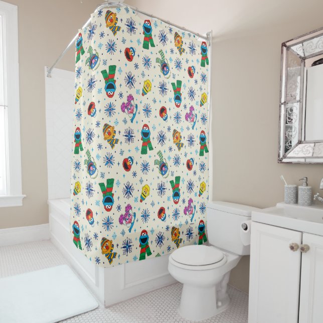 Sesame Street Christmas Snowflake Pattern Shower Curtain (In Situ)