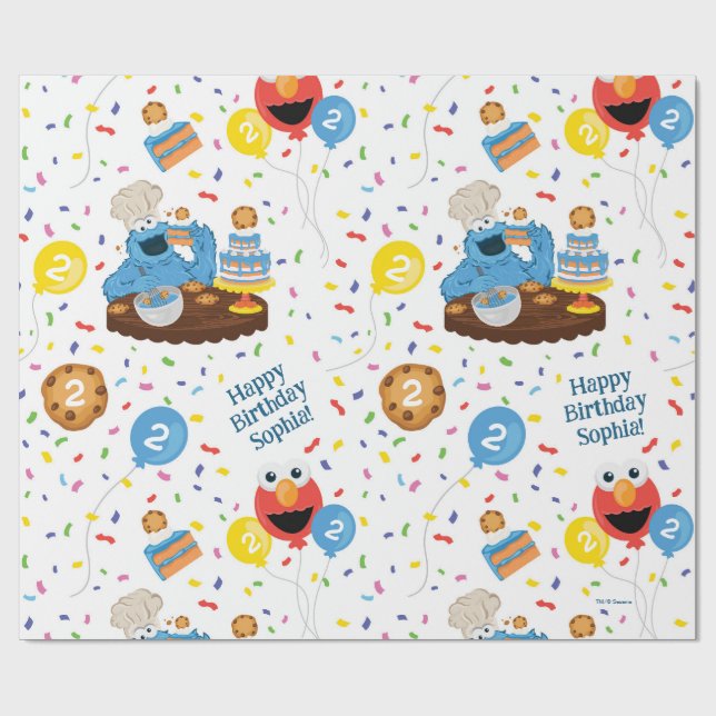 Sesame Street Cookie Monster Birthday Cake Pattern Wrapping Paper (Flat)