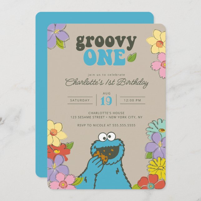 Sesame Street Cookie Monster | Groovy One Birthday Invitation (Front/Back)