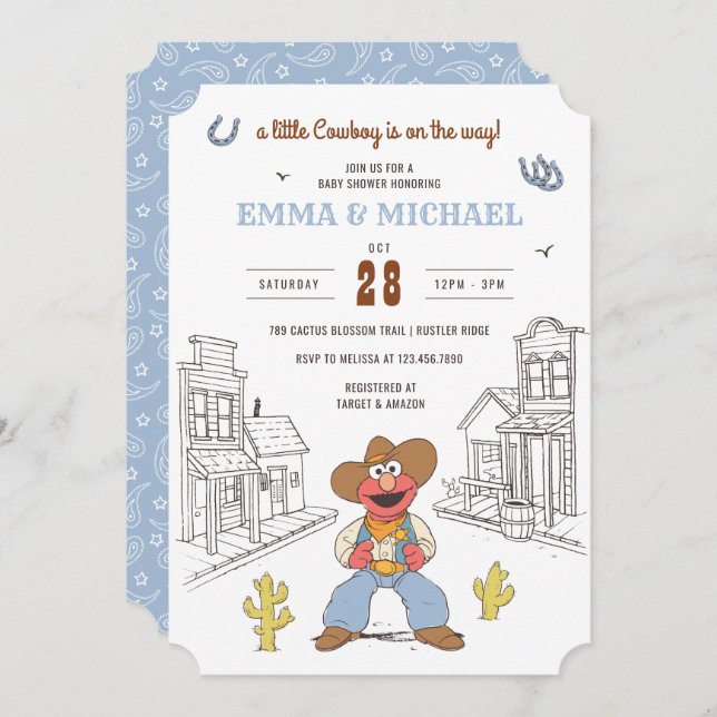 Sesame Street Cowboy Elmo Baby Shower Invitation (Front/Back)