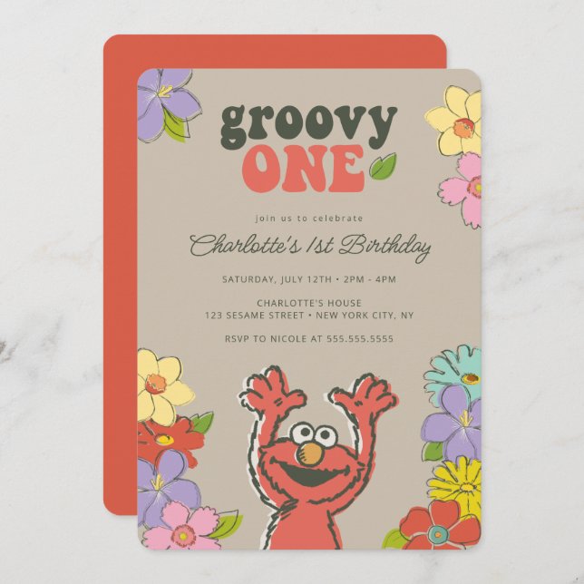 Sesame Street Elmo | Groovy One Floral Birthday Invitation (Front/Back)