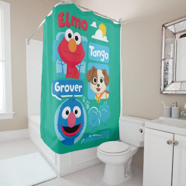 Sesame Street | Elmo, Tango, & Grover Park Graphic Shower Curtain (In Situ)