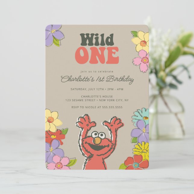 Sesame Street Elmo | Wild One Floral Birthday Invitation (Standing Front)