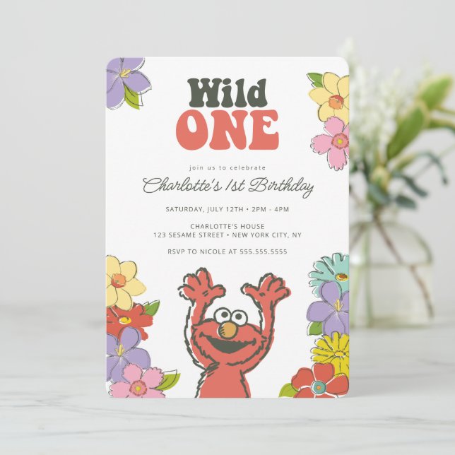 Sesame Street Elmo | Wild One Floral Birthday Invitation (Standing Front)