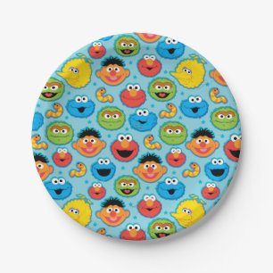 Sesame Street Faces Pattern on Blue Paper Plate