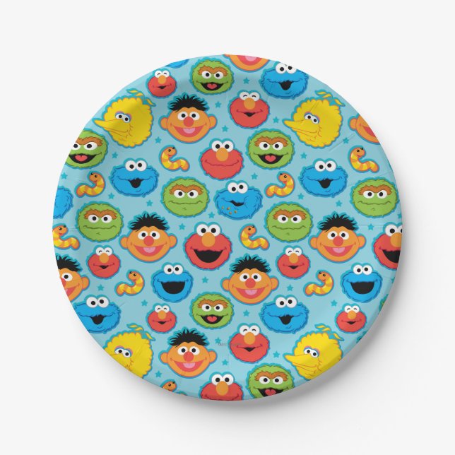 Sesame Street Faces Pattern on Blue Paper Plate (Front)