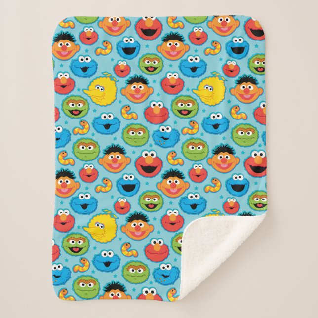 Sesame Street Faces Pattern on Blue Sherpa Blanket (Front)