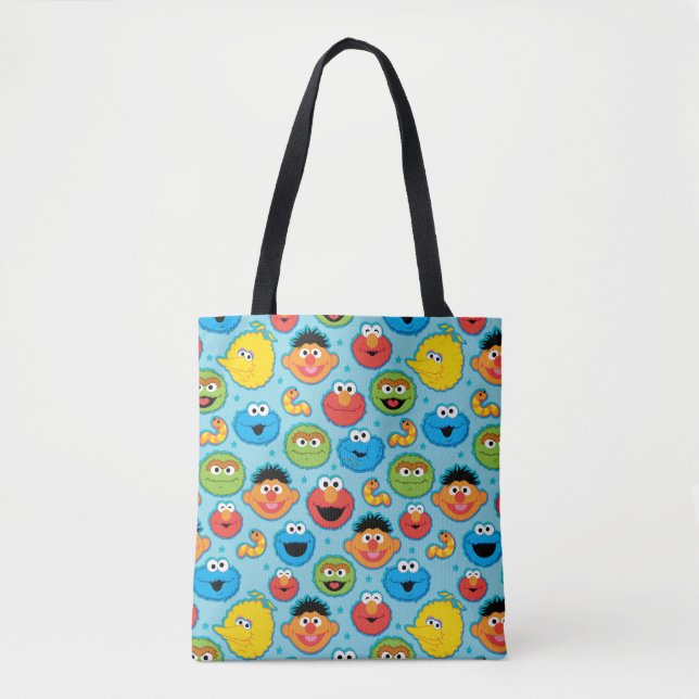 Sesame Street Faces Pattern on Blue Tote Bag (Front)