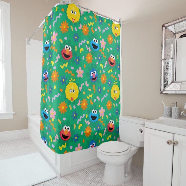 Sesame Street Green Floral Pattern Shower Curtain (In Situ)