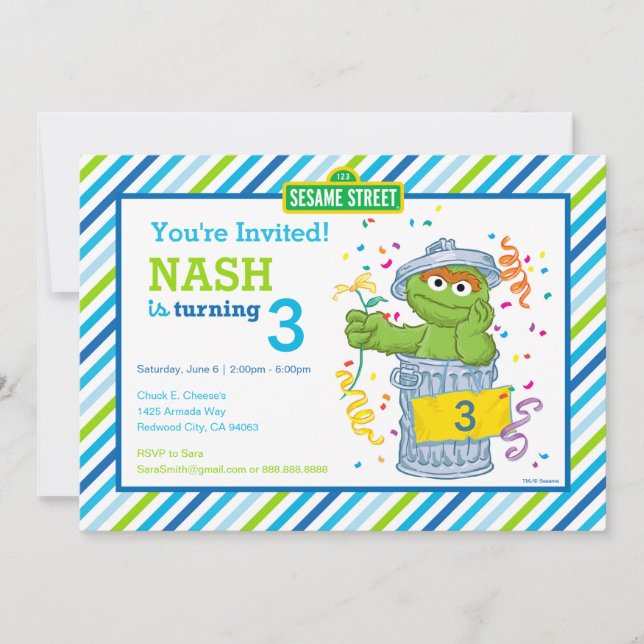 Sesame Street Oscar the Grouch Striped Birthday Invitation (Front)