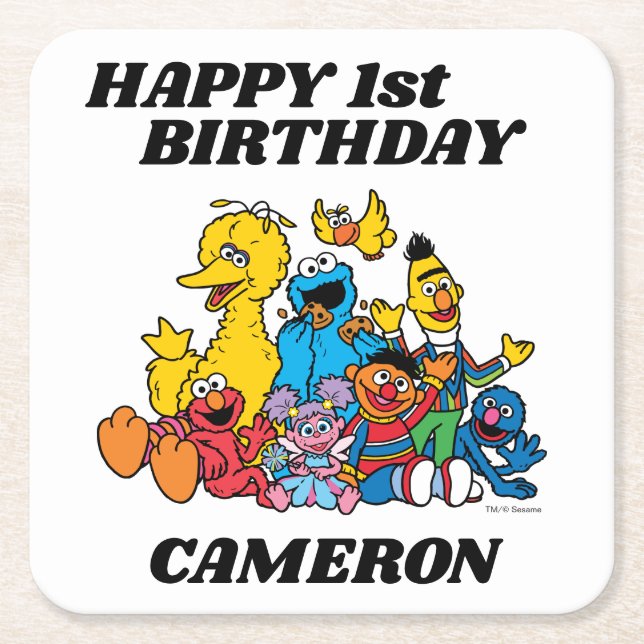 Sesame Street Pals 1st Birthday Square Paper Coaster (Front)