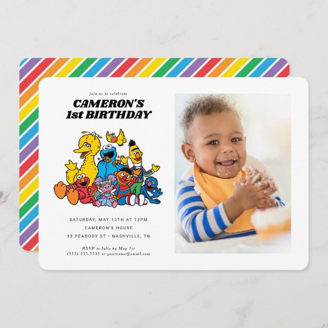 Sesame Street Pals 1st Birthday with Photo Invitation (Front/Back)