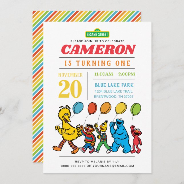 Sesame Street Pals | Balloons 1st Birthday  Invitation (Front/Back)